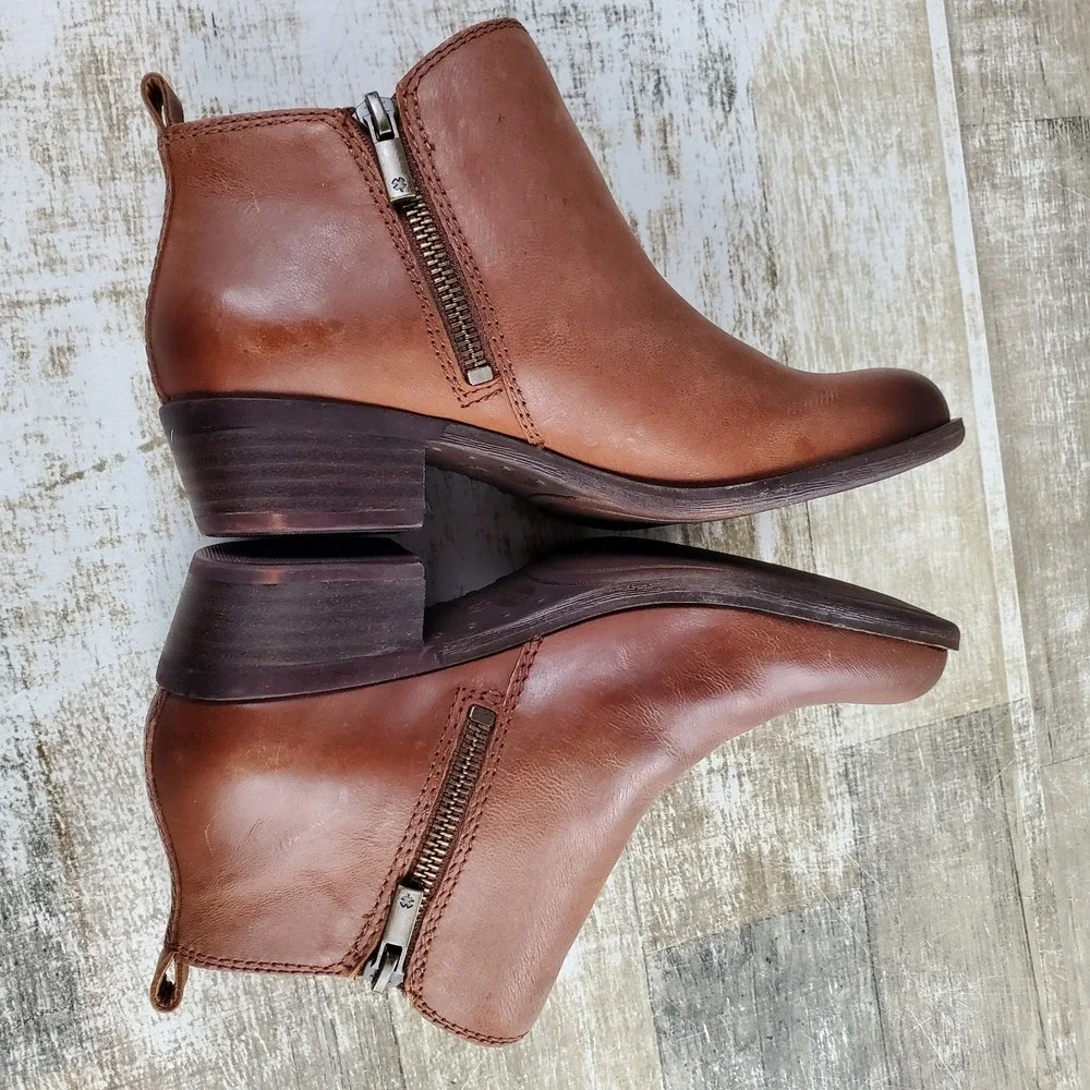 Lucky Brand Basel Womens Booties Sz 5 W Toffee Brown Leather Side Zip Ankle Boot